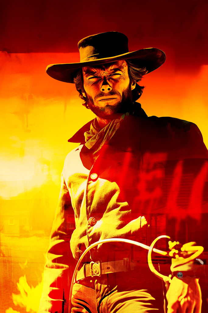 a captivating digital oil painting capturing Clint Eastwoods iconic presence in High Plains Drifter. This homage to Lagos dark secret unfolds as the mysterious Stranger takes center stage, squinting eyes locked onto the viewer in a powerful Wild West vigilante stance. The swirling layers of fiery red and yellow create a dynamic backdrop, mirroring the towns uneasy atmosphere