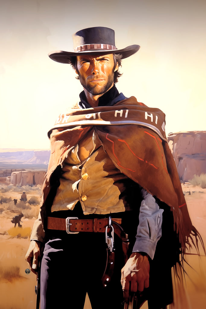 Clint Eastwood in his iconic role from  A Fistful of Dollars.  Standing tall in a classic showdown pose, Eastwoods squinted gaze and lightning fast draw are immortalized in this homage to the 1964 Spaghetti Western. The meticulously detailed artwork showcases the rugged charm of the nameless antihero as he navigates the treacherous town of San Miguel. Immerse yourself in the timeless allure of the Spaghetti Western era, where profit is the only language and everyone is either rich or dead